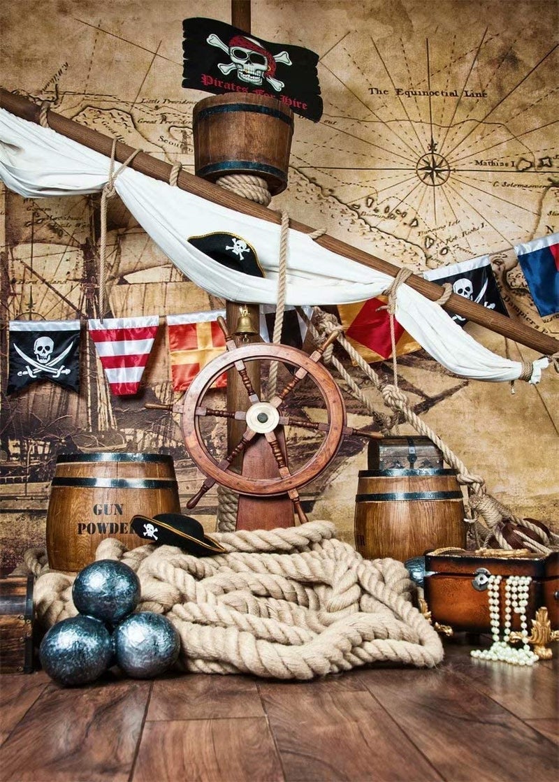 BELECO 5x7ft Fabric Pirate Backdrop Pirates Ship Deck Steering Wheel Skull Flag Background Pirate Theme Party Decorations Kids Boy Adult Birthday Baby Shower Photo Props - Image 1